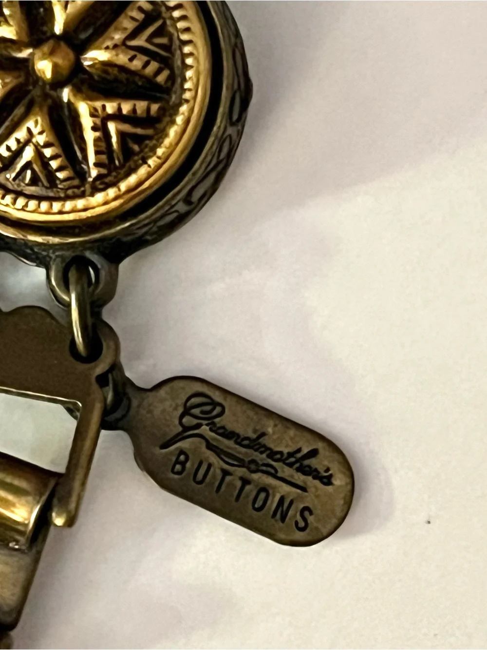 Vtg Grandmother's Buttons Antique Brass Mother of Pearl Link Watch Signed